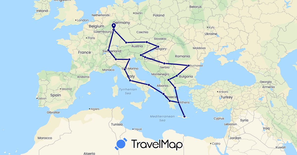TravelMap itinerary: driving in Austria, Bulgaria, Switzerland, Germany, Greece, Croatia, Hungary, Italy, Macedonia, Romania, Serbia, Slovenia (Europe)